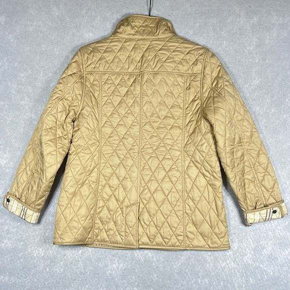 L.L.Bean Gold Quilted Jacket Women Small Tan Nova Check Plaid Lined Snap Button - Picture 6 of 9